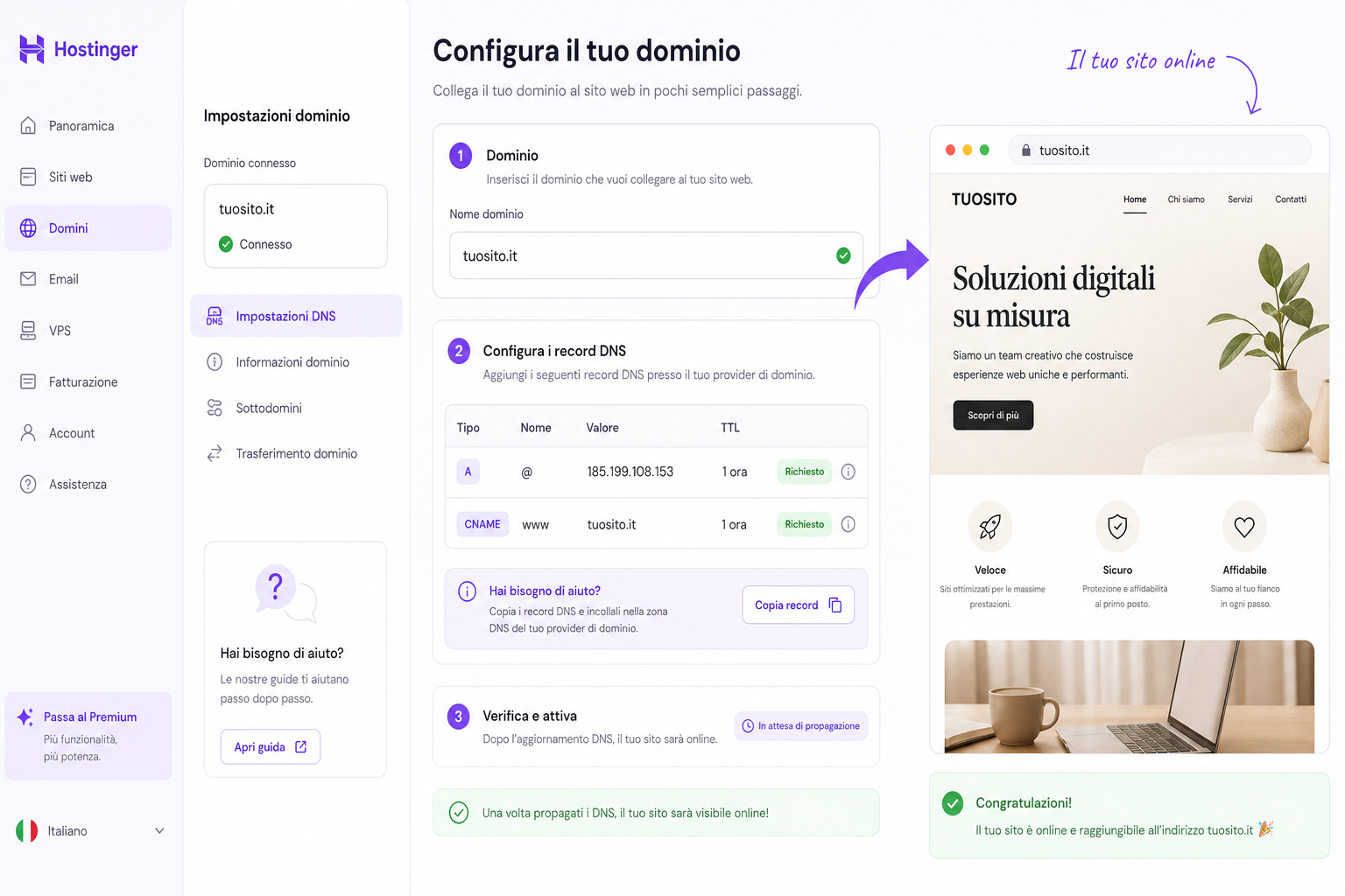 Collegamento dominio personalizzato e DNS