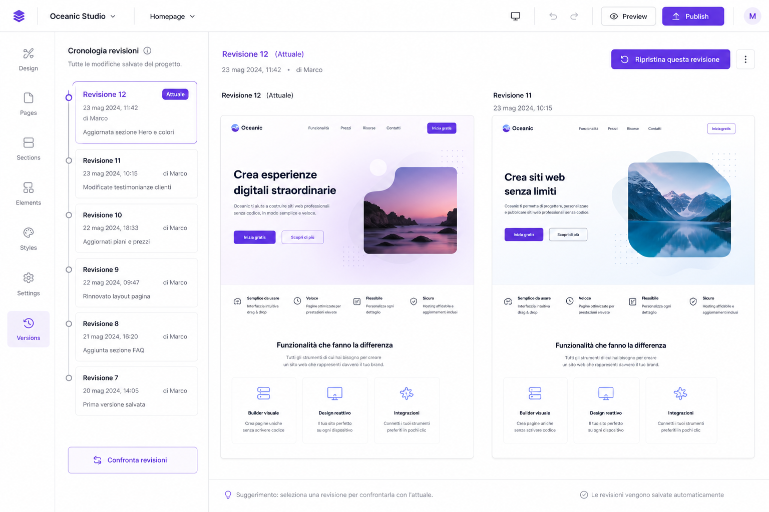 Cronologia revisioni del progetto nel builder