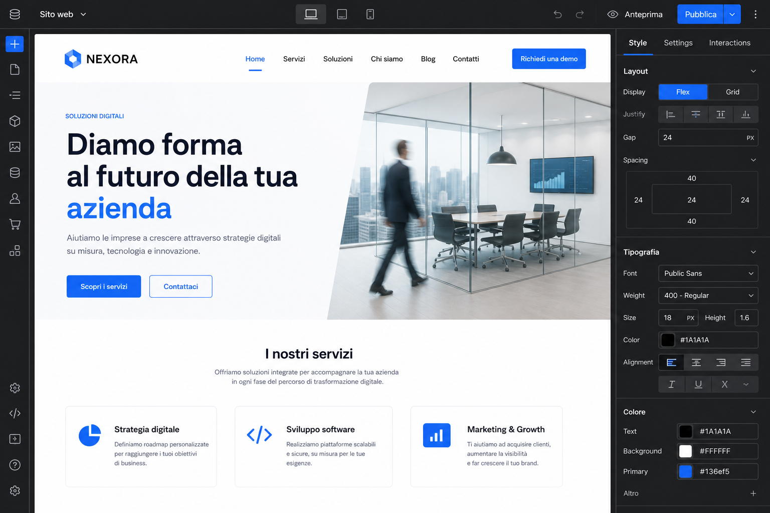 Personalizzazione colori, font e brand nel builder